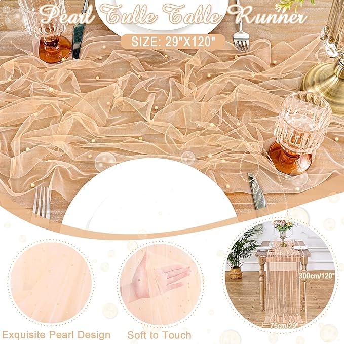 6 Pieces Pearl Tulle Table Runner: 10ft Tulle Table Runners Champagne Fabric for Wedding Chiffon Arch Bridal Veil Baby Shower Sweetheart Table Decor 29x120 Inch