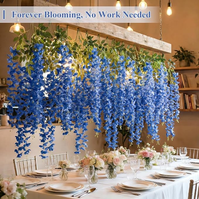 U'Artlines 24 Pack (Total 86.4 Feet) Artificial Fake Wisteria Vine Rattan Hanging Garland Silk Flowers String Home Party Wedding Decor (24, Navy Blue)