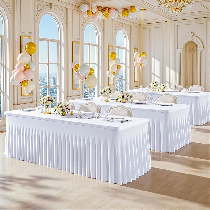 Suppromo 6ft White Spandex Tablecloths for Rectangle Tables Wrinkle Free White Table Cloth Rectangle Stretch Fitted Table Cover with Skirt for Wedding Birthday Party Banquet Baby Shower Buffet Event