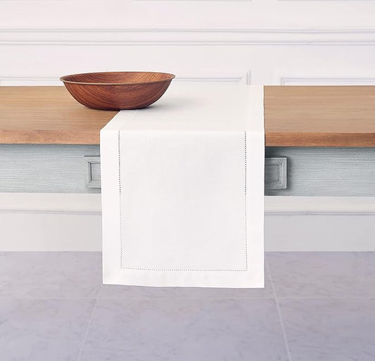 Solino Home White Table Runner 90 Inches Long - Cotton Linen Hemstitch 14 x 90 Inch Table Runner for Dining, Mothers Day, Spring, Summer, Memorial Day