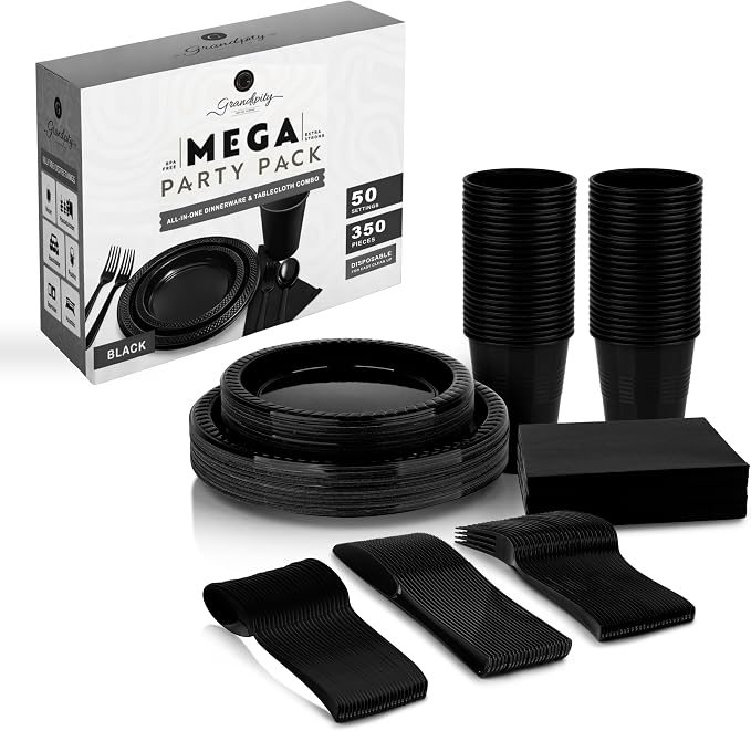 Grandipity 350 Piece Black Dinnerware Set, 50 Guests Plastic Party Plates, Cups, Napkins, Forks, Knives & Spoons
