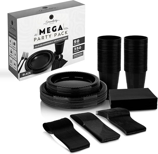 Grandipity 350 Piece Black Dinnerware Set, 50 Guests Plastic Party Plates, Cups, Napkins, Forks, Knives & Spoons