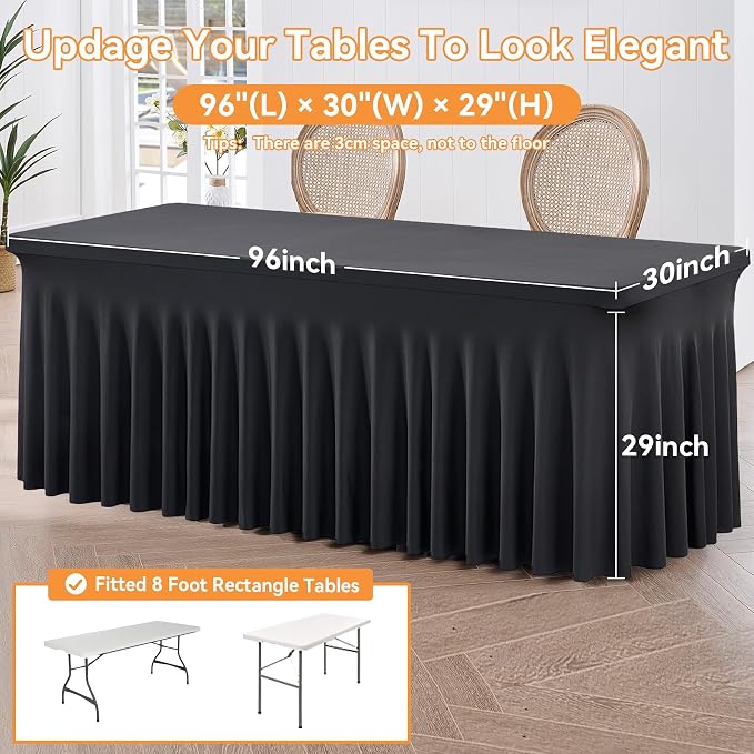 4 Pack Black Fitted Spandex Table Cloth Rectangle 8ft, Wrinkle Free High-Stretch Skirted Tablecloths for 8 Foot Rectangle Tables, Decor Parties Weddings Birthday Banquet Spandex Table Cloths Cover