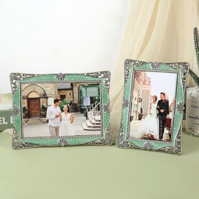 5x7 Vintage Green Picture Frame with Brass Metal Photo Frame Ornate Antique Art Decor, Clear Glass Front, Unique Gifts for Couple Women Wedding Mothers Day, Horizontally & Vertically