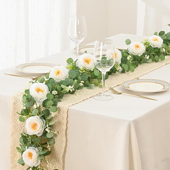 Dolicer 2Pcs 13Ft Artificial Eucalyptus Garlands with Flowers, Faux Floral Greenery Garlands Fake Flowers Vines for Wedding Table Centerpieces Arch Party Ceremony Backdrop Decor (White)