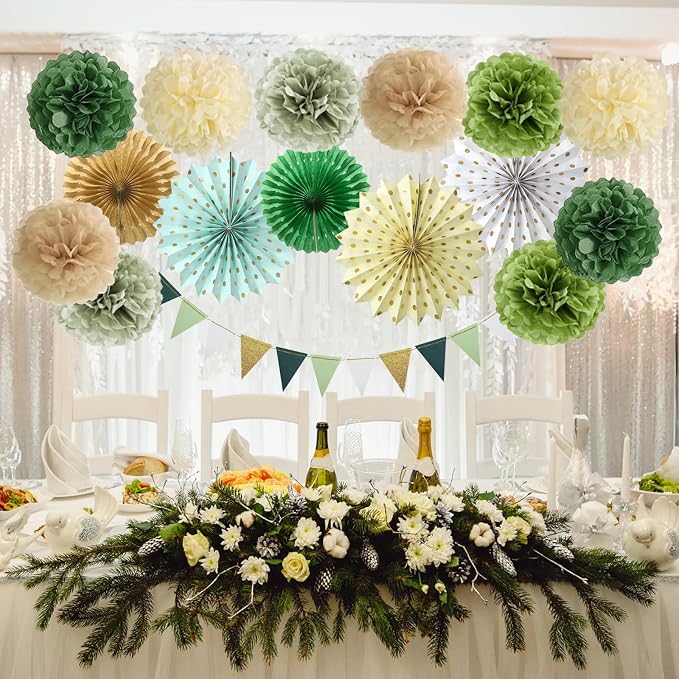 Sage Green Party Decorations Retro Green Paper Fan Birthday Baby Shower Tissue Pom Poms Streamers Bachelorette Party Supplies Tassel Garland Banner Wedding Decor