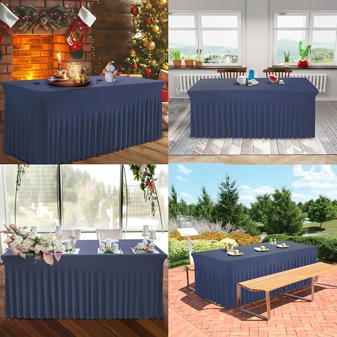 BDDC One-Piece Spandex Table Cover Skirt for 4FT Rectangle Tables | GRS-Certified Eco-Friendly Fabric, Elastic Fitted Ruffle Tablecloth, Washable, For Banquets, Weddings & Parties
