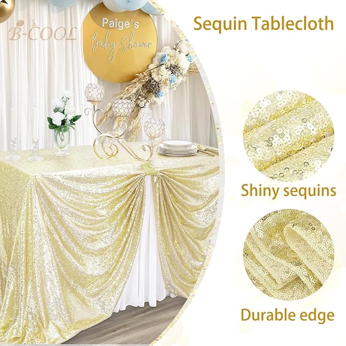 B-COOL Sequin Tablecloth Wedding Light Gold 90x90 Inches Glitter Tablecloth Table Cover - Ceremony Thanksgiving Christmas Parties Tablecloth