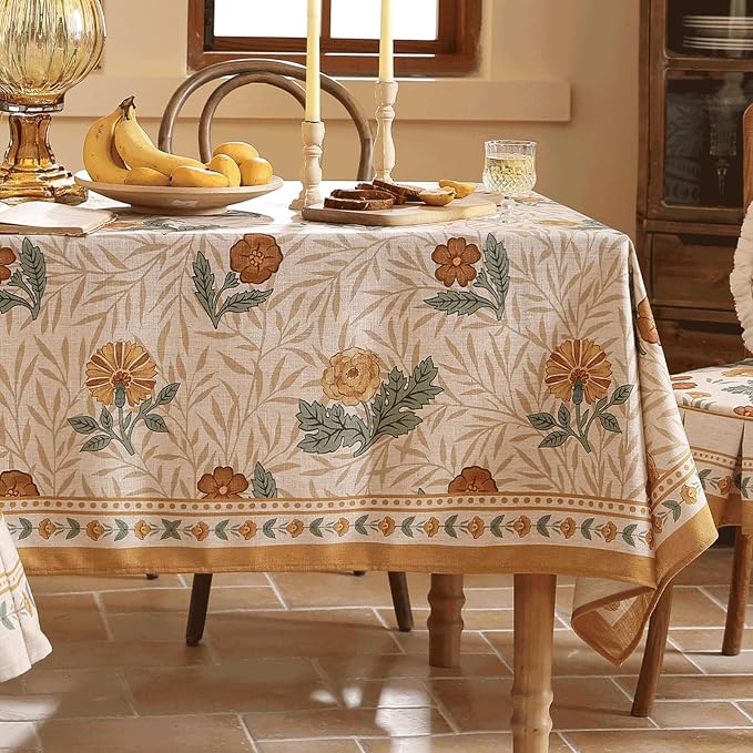 patdrea Vintage Linen Tablecloth,Rectangular,110"x63"-RosaSilvestre A | French Heavyweight Table Cloth for Rectangle Table,Yellow Floral Patterned,Dining Room Kitchen Tea Party Decoration