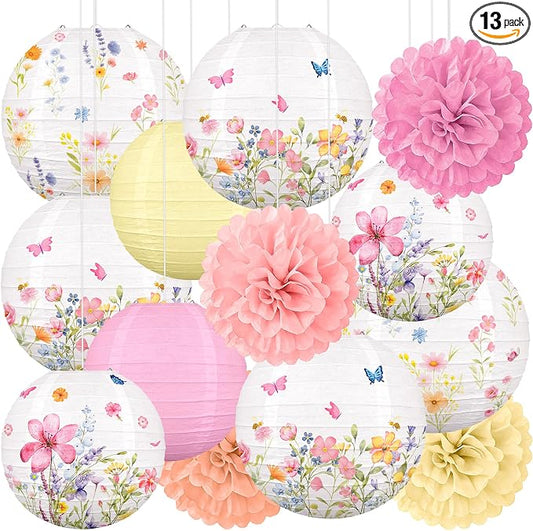 Renbuzhu 13PCS Wildflower Party Decorations Hanging Paper Lanterns Pom Poms for Baby in Bloom Baby Shower Fairy Birthday Tea Garden Spring Home Indoor Outdoor
