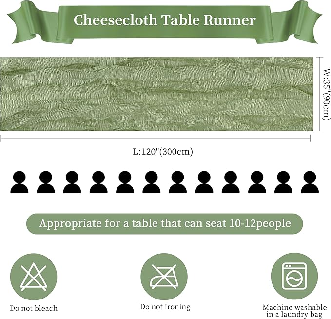 Sage Green Cheesecloth Table Runner 10FT Long Easter Spring Boho Gauze Table Runner Rustic Sheer Runner for Spring Wedding Bridal Baby Shower Birthday Party Table Decor Easter Decorations