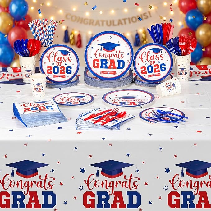 Funnymoom 452 Pcs Class of 2026 Red White Blue Graduation Party Decoration for 50, Red Blue Graduation Paper Plates Napkins Cups Tablecloth Cutlery Straw for College School Congrats Grad Party Supply