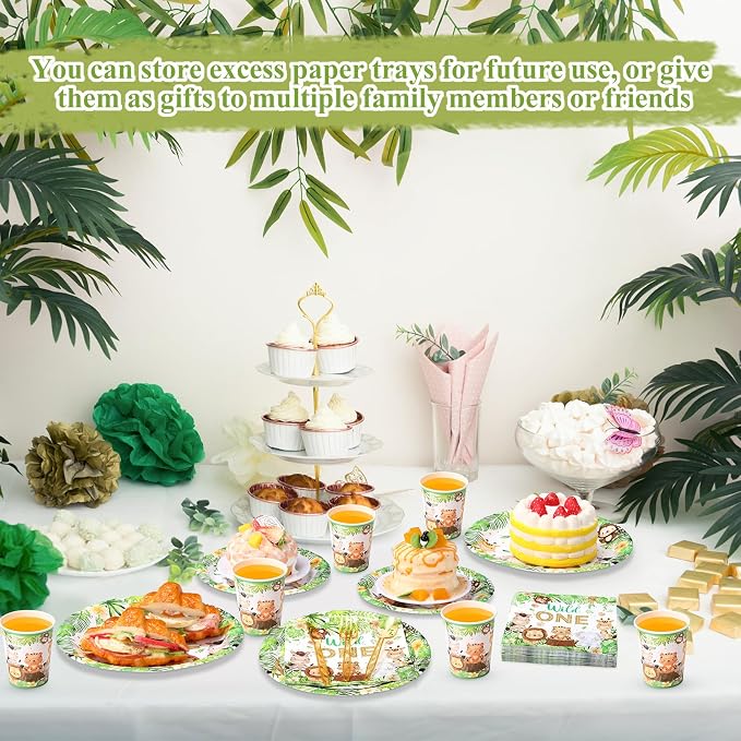 Funnymoom 400 Pcs Wild One Birthday Party Supplies for 50 Guests 1st First Safari Jungle Baby Shower Disposable Plate Napkin Cup Spoon Fork Knives for Boys Animal Party Decoration