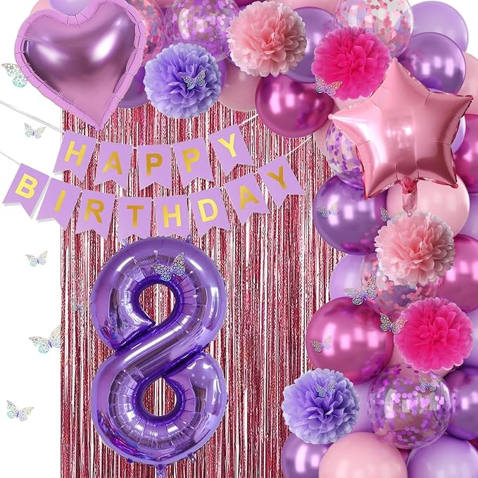 Pink Purple 8th Birthday Party Decorations for Girls Number 8 Balloon Happy Birthday Banner Butterfly Stickers Fringe Curtain Paper Pom Poms Metallic Hot Pink Star Foil Balloons 8 Year Old Princess