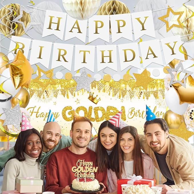 Golden Birthday Party Decorations, Happy Birthday Banner, Backdrop, Balloons, Honeycomb Balls, Star Foil Balloons, Stars Hanging Swirls & Cake Topper for Baby Boys Girl Men Women Birthday Decoration