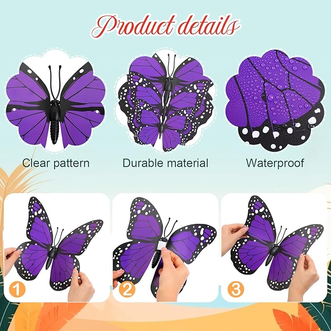 Chuangdi 12 Pcs Large Purple Monarch Butterfly Decorations 3 Size 12inch, 9inch, 6inch Fake Butterflies Realistic Butterfly Craft Artificial Mariposas Wall Decor for Craft Wedding Home Birthday Party