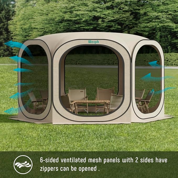 Werph 12x12 Pop Up Screen Tent, Mosquito Net Gazebo, UV Resistant, Beige | Roof Waterproof Screen Canopy, Quick Setup Outdoor Shelter for Backyard, Patio, Garden, Picnic, Camping and Events