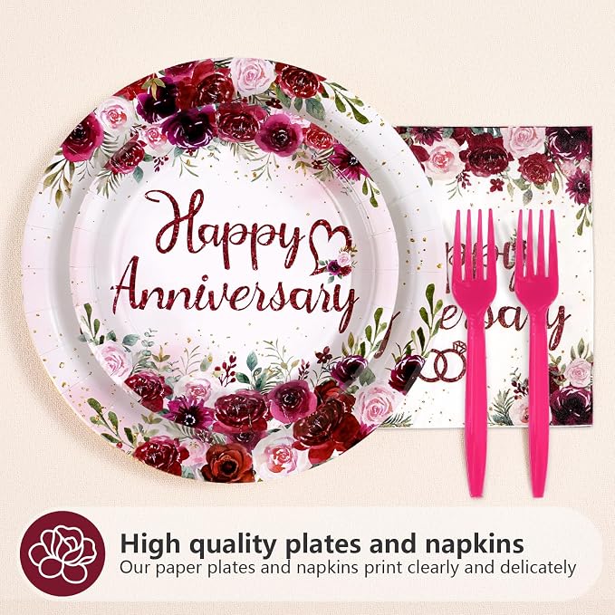 96Pcs Happy Anniversary Party Supplies Burgundy Flowers Anniversary Plates and Napkins Rose Red Burgundy Floral Tableware Set for Women Couple Romantic Wedding Love Party Supplies Serve 24