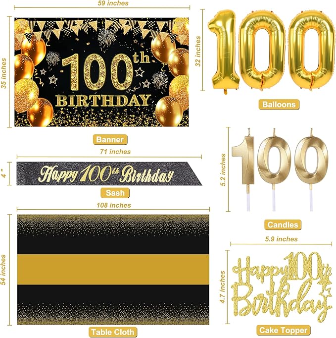 100th Birthday Decorations Men Women with 100th Birthday Banner, Black and Gold Table Cloth, Number Balloons, Large Sash,Cake Topper and Candles