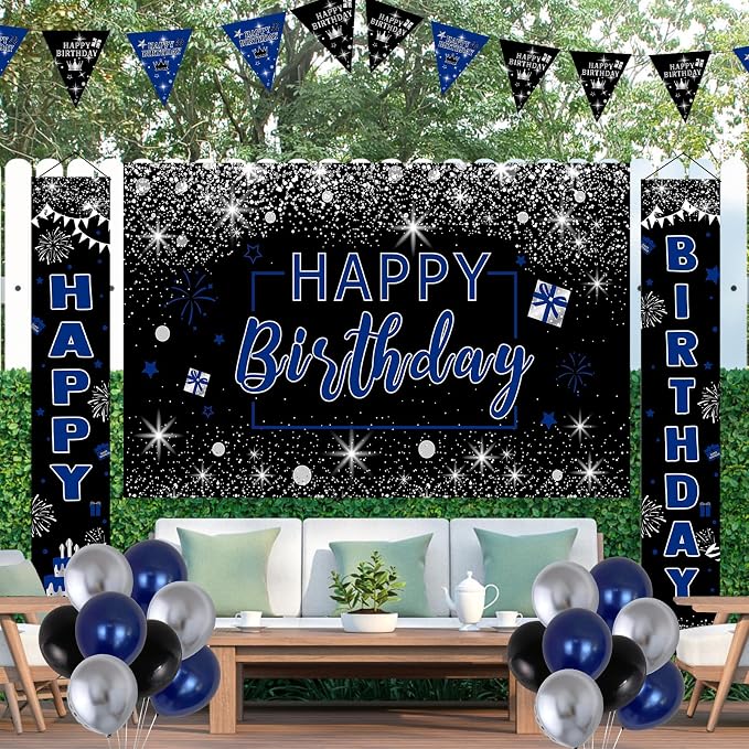 Black and Blue Birthday Party Decorations for Boys Men Women Girls | Balloon Supplies with Happy Birthday Backdrop Banner Tablecloth Confetti Balloons Arch