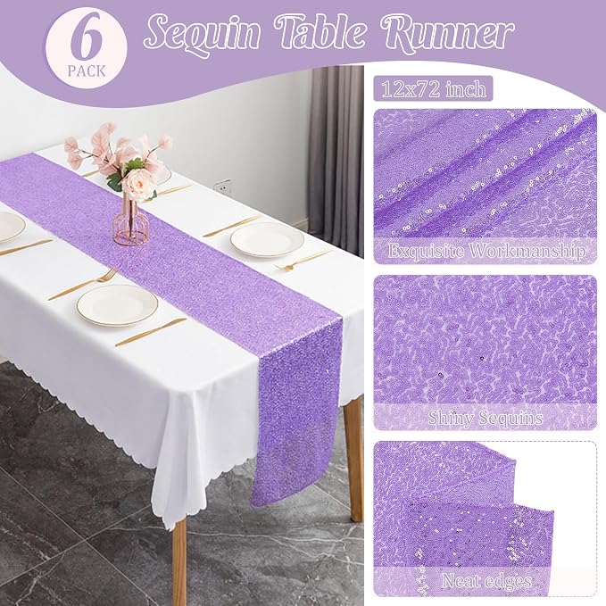 6 Pack Light Purple Sequin Table Runner 12" x 72" Sparkle Table Runner for Baby Bridal Shower Wedding Birthday Party Table Decor (Light Purple)