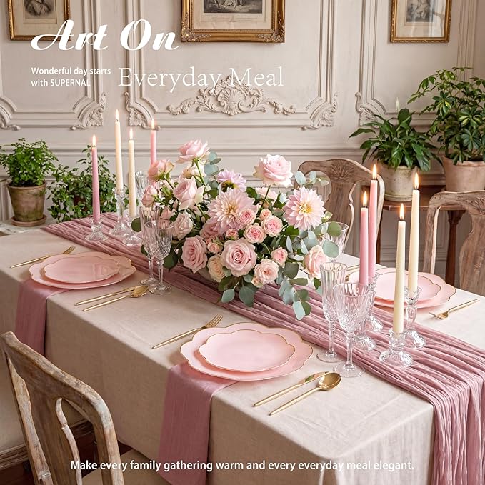 supernal 60pcs Pink Scalloped Plastic Plates with Gold Rim,Heavy Duty Plastic Disposable Plates Includes:30 Dinner and 30 Dessert Plate Perfect for Wedding, Bridal Shower, Mother's Day&Parties
