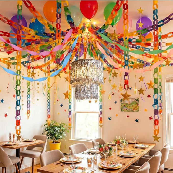 Blueweenly Fancy Princess Birthday Party Decorations Paper Chain Garland Strip Ceiling Party Classroom Decor Crepe Streamer Glitter Star Chandelier Balloons for Wedding Birthday(Rainbow,Small,8 Pcs)