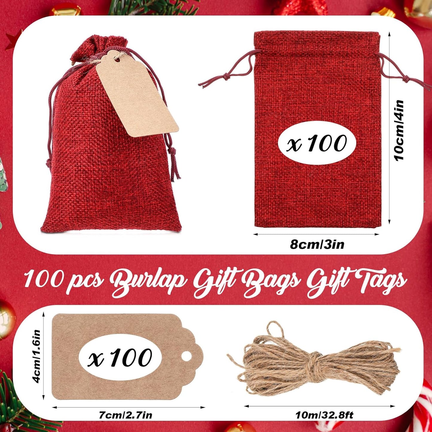 Woanger 100 Pcs Burlap Gift Bags with 100 Pcs Kraft Paper Gift Tags Drawstring Favor Bulk Burlap Sack Bags for DIY Wedding Party Craft (3 x 4 Inch,Burgundy)
