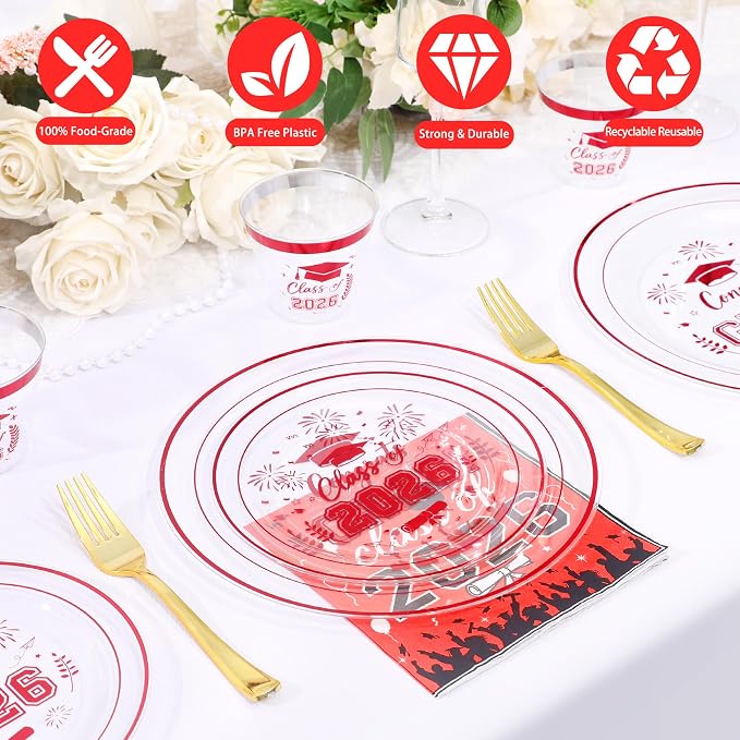 150 Pcs 2026 Graduation Plastic Plates with Disposable Silverware Serves 30 Guests, Red Clear Graduation Disposable Plates Including 30 Dinner&Dessert Plates, Cups, Napkins, Gold Forks for Party