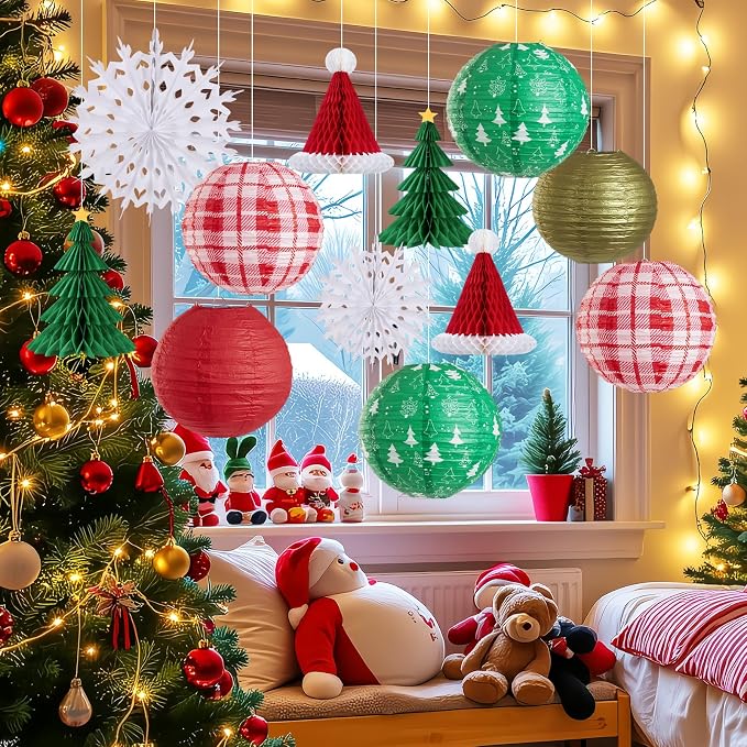 Christmas Hanging Decorations, 12 PCS Paper Lanterns, Honeycomb Christmas Trees, Hanging Paper Fans, Red Green Gold White Holiday Party Supplies for Home Xmas Holiday Party