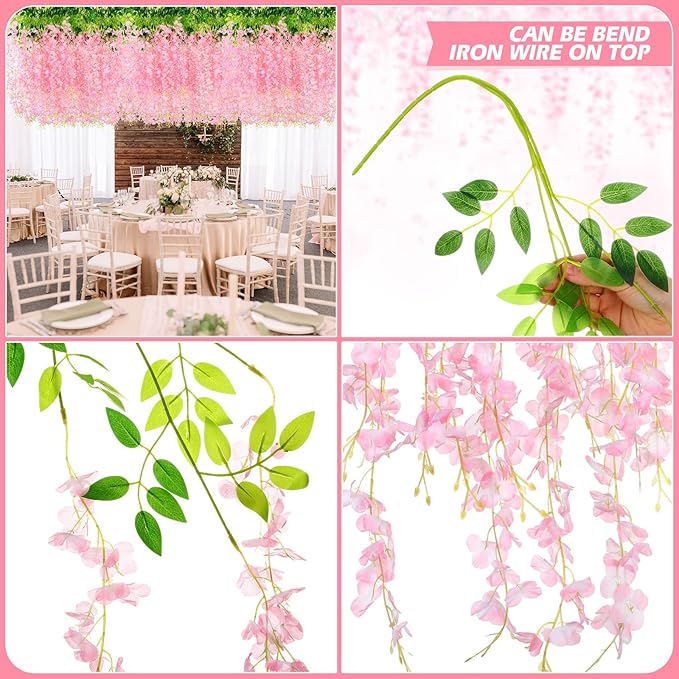 Yunsailing 108 Pack 43.2 in/ 3.6 ft Artificial Fake Wisteria Hanging Flowers Wisteria Faux Flowers Garland Silk Vine Rattan Long Hanging Flowers String for Home Outdoor Wedding Party(Petal Pink)