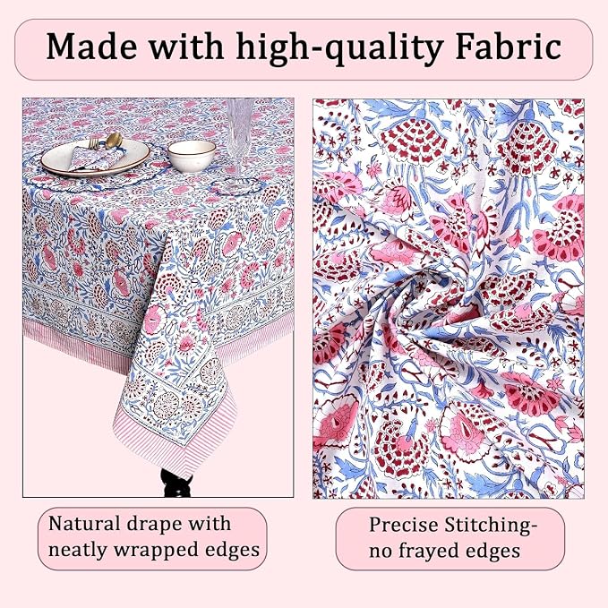 Ridhi Pigeon Blue and Flamingo Pink Hand Block Print Cotton Rectangle Tablecloth 108" x 70" inches Reusable Table Cover Decorative Everyday Use for Dining Room, Farmhouse, Gift Spring, Mother's Day
