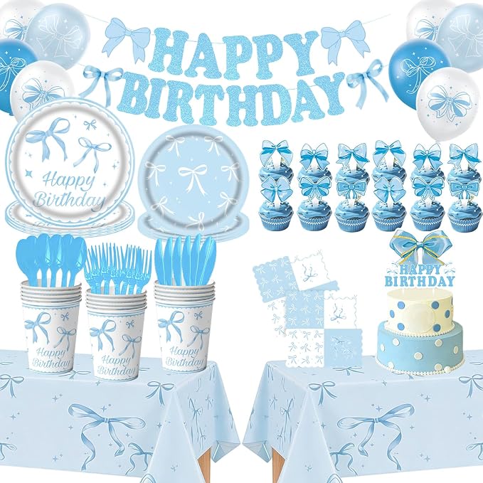 186pcs Blue Birthday Party Supplies – Bow Knot Theme Disposable Tableware Kit with Happy Birthday Banner, Balloons, Plates, Cups, Utensils & Napkins for Girls Boys Party Decorations, Serve 20