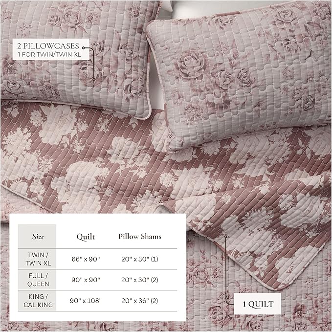 Great Bay Home Twin/Twin XL 100% Cotton Quilt Set with Shams - Vintage Pink Floral Prints - Lightweight, Breathable, All-Season Bedding - 2-Piece Twin Bed Set (Dusty Rose)