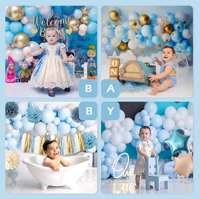 Dusty Blue Baby Shower Decorations, Baby Shower Decorations Set with Welcome Baby Banner, Cake Topper, Paper Pom Poms, Tassels, Sash for Baby Shower Gender Reveal Party Supplies