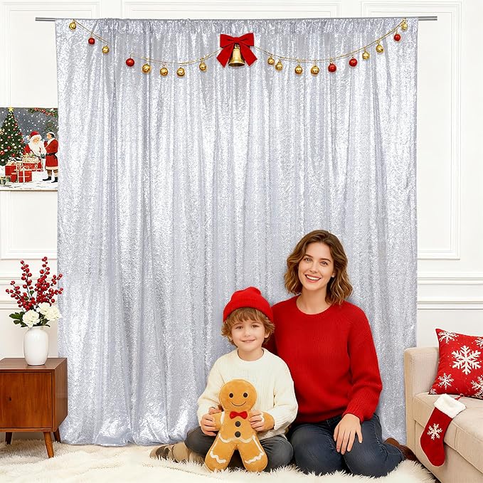 SquarePie 8x8ft Silver Sequin Backdrop for Photography, Satin-Backed Real Sequin Curtain, Enhanced Coverage Shimmering Background with 4" Rod Pocket for Wedding, Birthday, Party Decor, 1 Panel