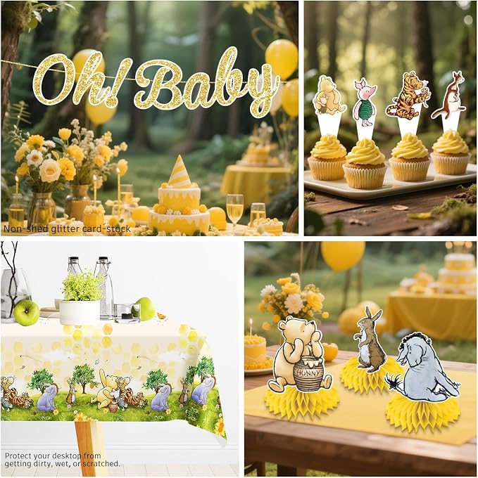 Xynic 201pcs Bear Baby Shower Decorations, Complete Disposable Tableware Set Includes 300gsm Plates Cupcake Toppers and 2 Plastic Tablecloths for Baby Shower and Party, Serves 25