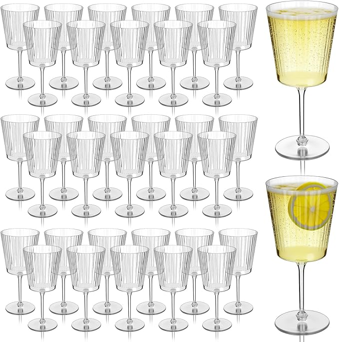 Domensi 36 Pack Plastic Ribbed Wine Glasses 13 oz Acrylic Champagne Flutes with Stem Unbreakable Reusable Cocktail Champagne Glasses for Wedding Holiday Birthday Party Supplies