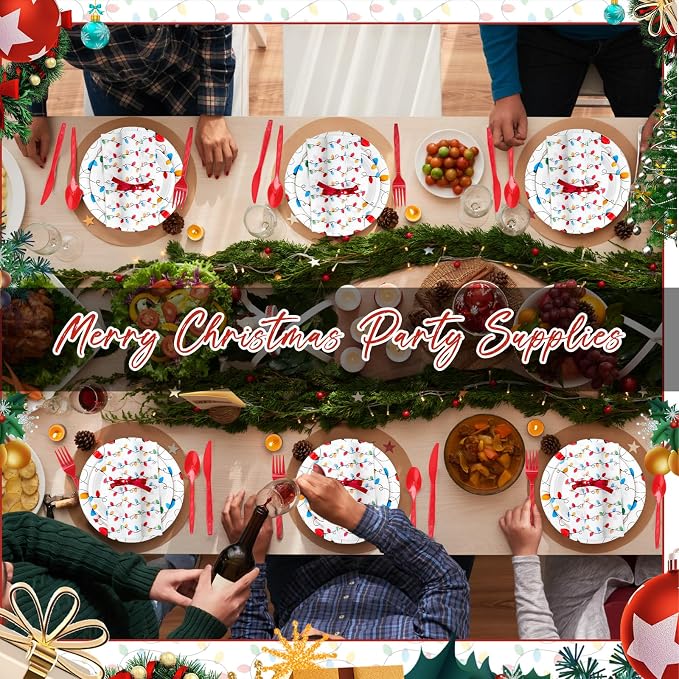 Funnymoom 400 Pcs Christmas Party Supplies, Christmas Lights Paper Plates and Napkins Cups Set with Spoons Forks Knives, Xmas Light Tableware Set for Holiday Xmas Party Decorations