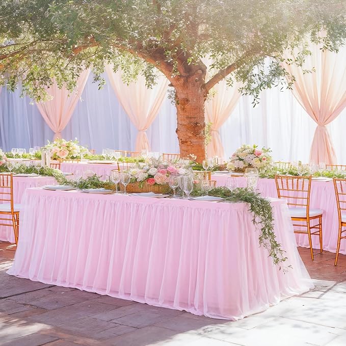 Suppromo Pink Tulle Tablecloth for 4 Foot Rectangular Tables 48 x 24 Inch White Rectangle Table Cloth 4ft Wrinkle Free Table Cover with Tutu Skirt for Wedding Birthday Party Banquet Tablecover