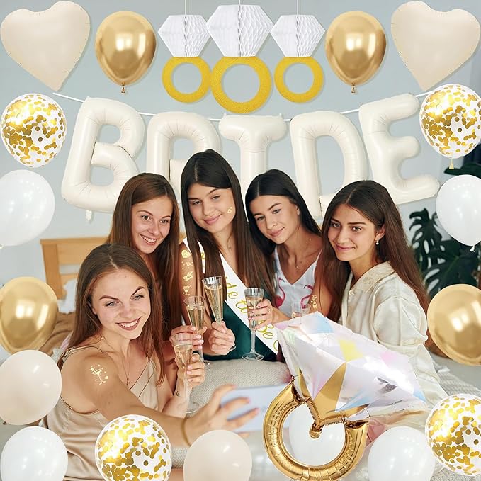 Vlipoeasn 39PCS Bachelorette Party Decorations Kit, Sand White Bride to Be Party Decorations, Bride to Be Sash & Veil, Tattoo Sticker, Foil Curtains, Balloons, Bridal Shower Party Supplies