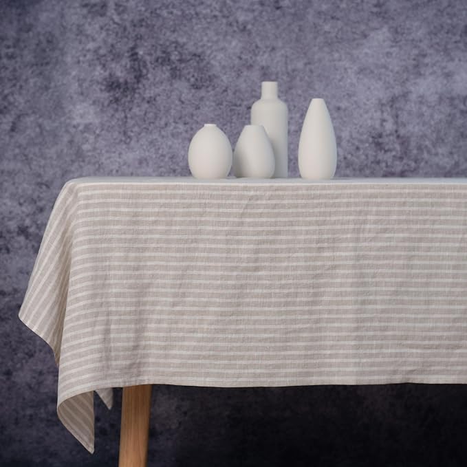100% Linen Striped Tablecloths for Rectangle Tables, 55x55 Inch Natural and White Linen Table Cloth for Wedding, Party, Easter,Thanksgiving, Christmas Indoor,Outdoor Machine Washable