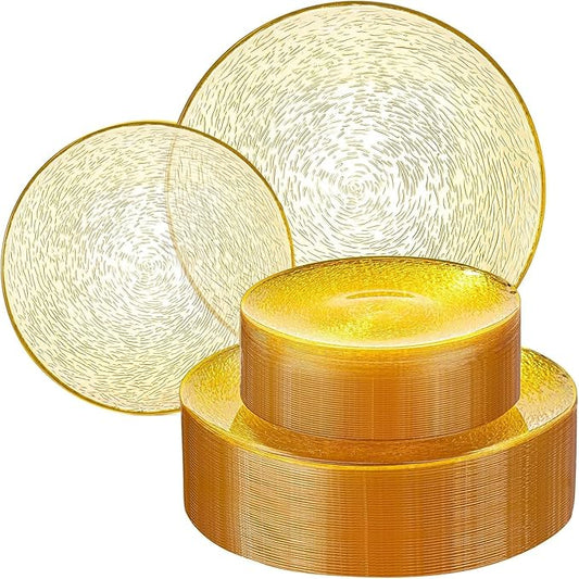 Liacere 60Pcs Yellow Plastic Plates - Yellow Disposable Plates With Gold Rim, Heavy-duty Gold Plates,Water ripples Party Plates Include 30 Dessert-Platos,30 Dinner-Platos for Mother's Day&Part＆Spring