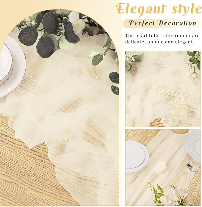 Set of 6 Pearl Table Runner 29 x 120 Inch Beige Tulle Fabric Lace Table Runners Boho Rustic Table Runners for Bridal Shower Birthday Party Wedding Arch Aisle Veil Dessert Table Decor(Beige)