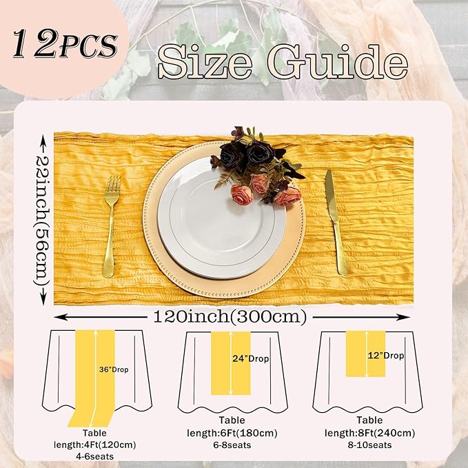 12 Pack Gold Cheesecloth Table Runner 22x120 Inch-Naturally Dyed Colors Sheer Gauze Cheese Cloth Wedding Table Runner,Rustic Boho Crinkle Fabric, Reception, Bridal Shower,Farmhouse Dining Decor