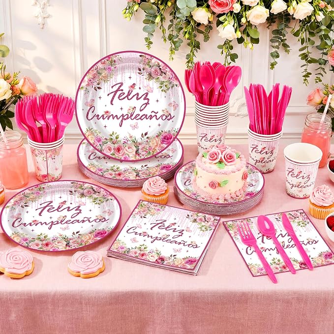 168 Pcs Mexican Birthday Party Decorations for Women Pink Floral Birthday Plates and Napkins Fiesta Party Tableware Sets Serves 24 Cinco De Mayo Supplies