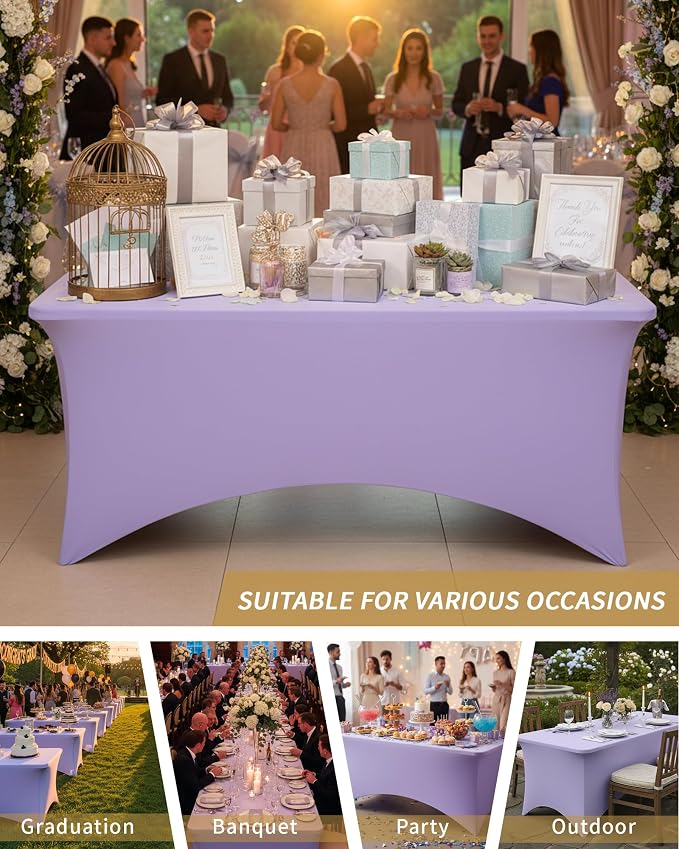 Fixwal Lavender Stretch Table Cloth Rectangle 2 Pack 6Ft, Spandex Fitted Table Covers Washable for Party, Trade Show, Banquet, Wedding, Buffet