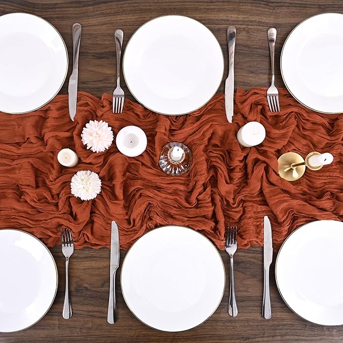 24 Pack Terracotta Cheesecloth Table Runner,10FT Boho Gauze Table Runner,35x120inch Rustic Table Runners for Wedding Party Bridal Shower Thanksgiving Christmas Boho Table Decoration