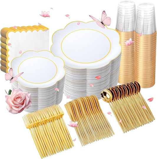 WONDERFUL 350PCS White Plastic Plates for Party Plates Disposable Heavy Duty Plastic Dinnerware Sets for 50 Guests - 100 Disposable Plate,150 Silverware,50 Cups,50 Wedding Napkins for Party Wedding