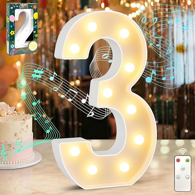12.6 Inch LED Marquee Light Up Numbers with Happy Birthday Music, Remote Birthday Number Lights as Gifts for Girls Women Men, Lighted Marquee Numbers for Table Party Decorations, Number 3